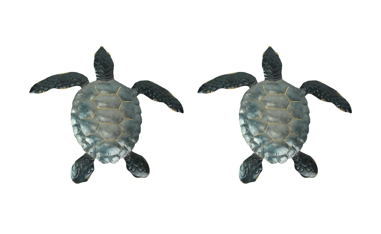 Set of 2 Blue Galvanized Metal Sea Turtle Wall Art Hanging Sculpture Home Decor
